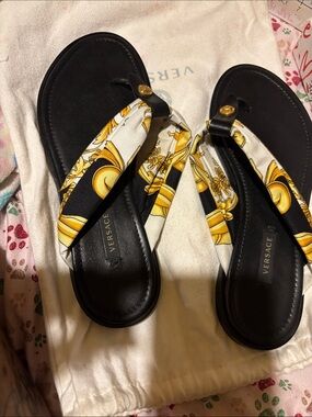 Versace Black, White & Gold Scarf-Tie Thong Sandals